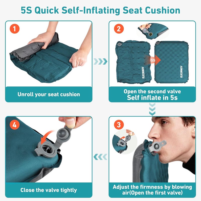 ELECINNOV Inflatable Seat Cushion, Self Inflating Memory Foam Stadium Seat Cushion Lightweight Camping Chair Pad Airplane Cushion for Long Flights Outdoor Travel Bleacher Office Car Backpacking (Blue) - Image 5